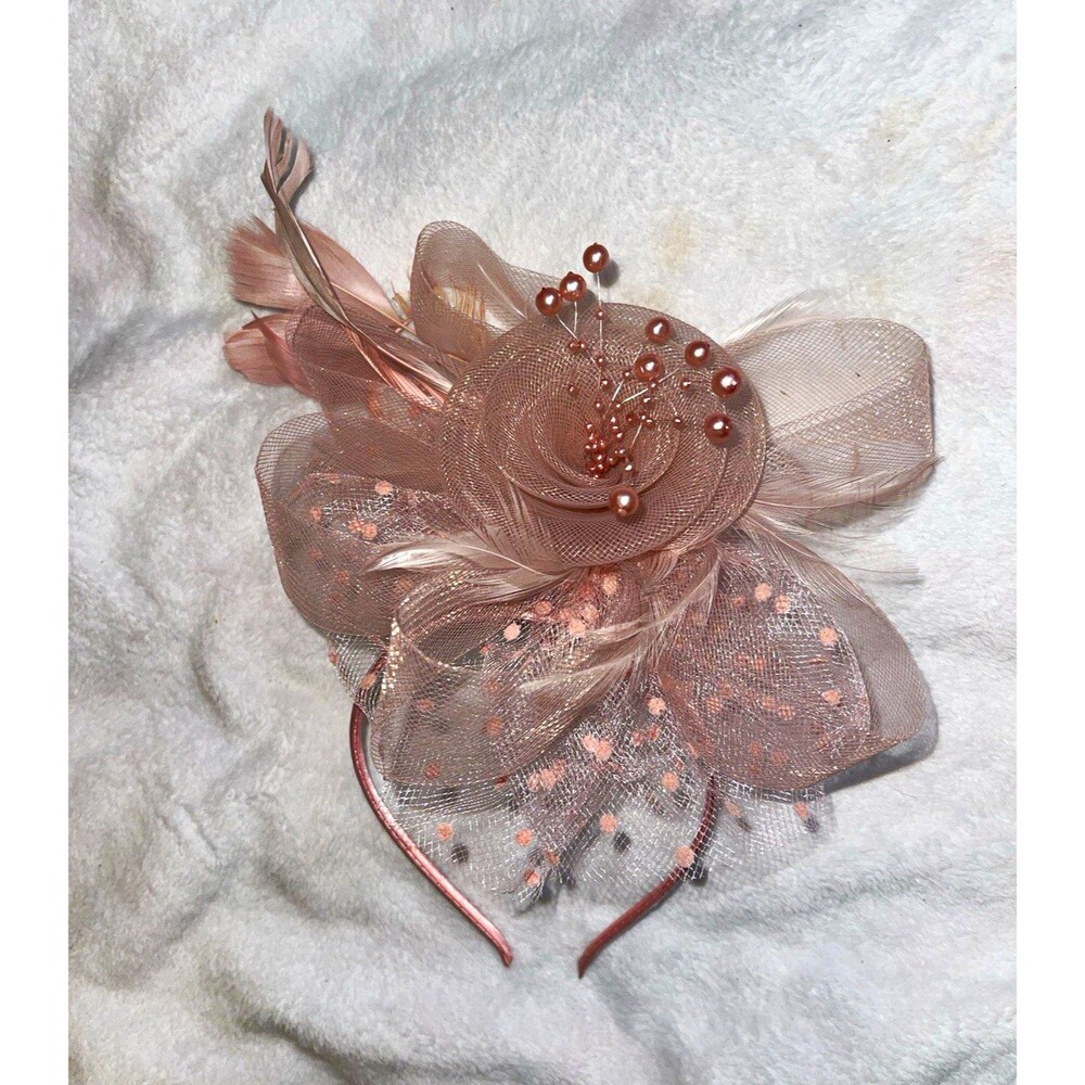 Pink Mesh Feather Flower Fascinator Headband, Beaded Bow, Women One Size